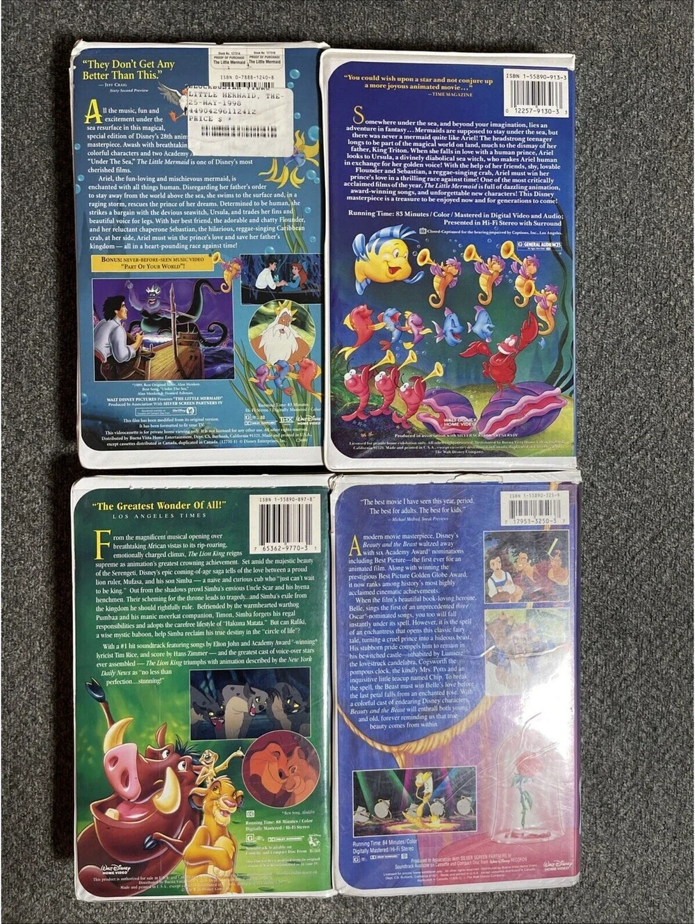 Disney VHS SET of 5- Little Mermaid, Lion King, The Return, Beauty & The Beast